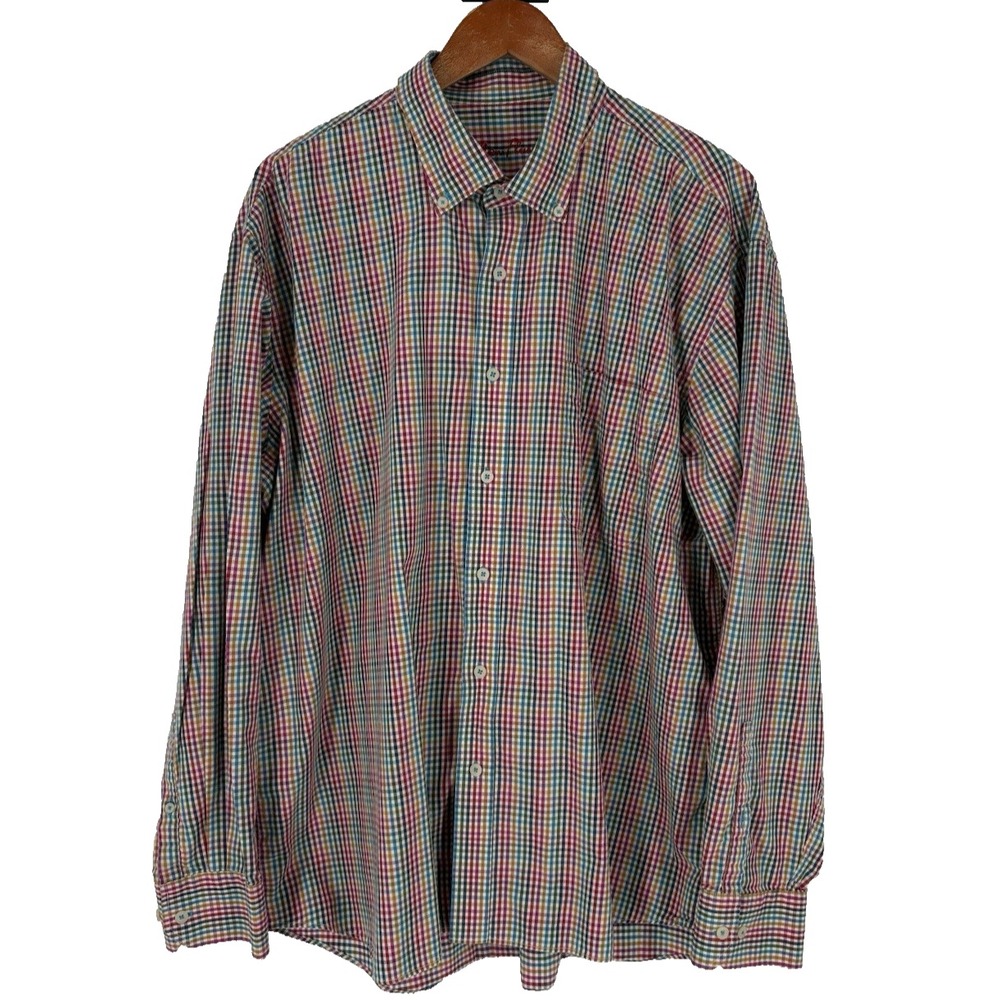 Alan Flusser Mens Button Up Shirt 2XL Rainbow Gingham Button Down Classic Career